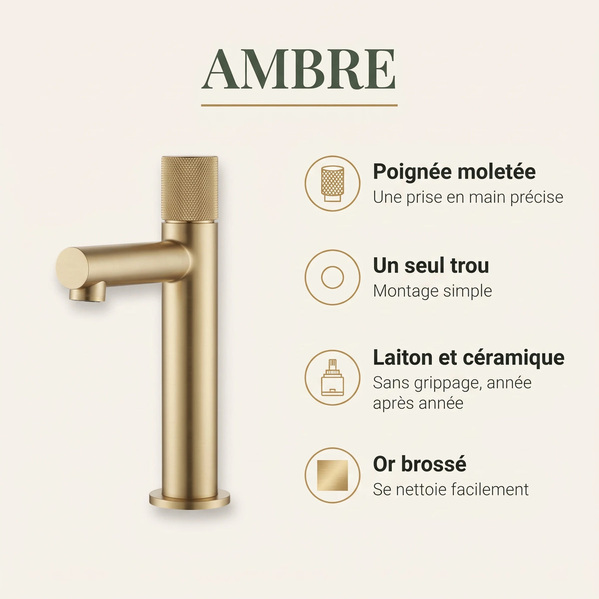 Bainelys AMBRE – Mitigeur de Lavabo Moleté Or Brossé