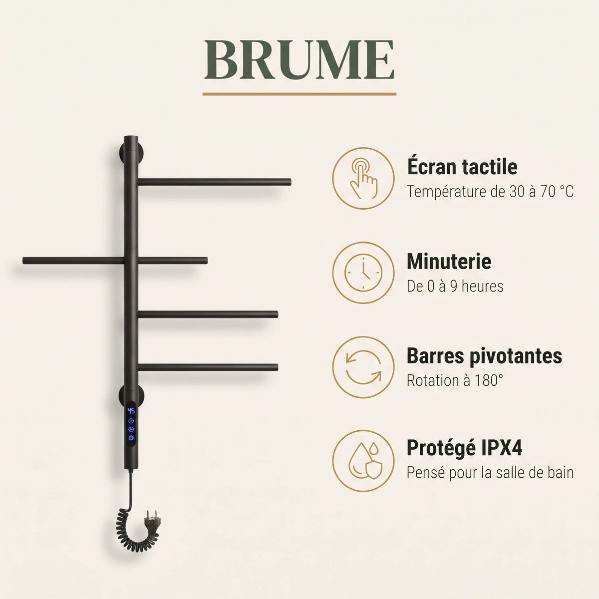 Bainelys BRUME – Sèche-Serviette Électrique 4 Barres