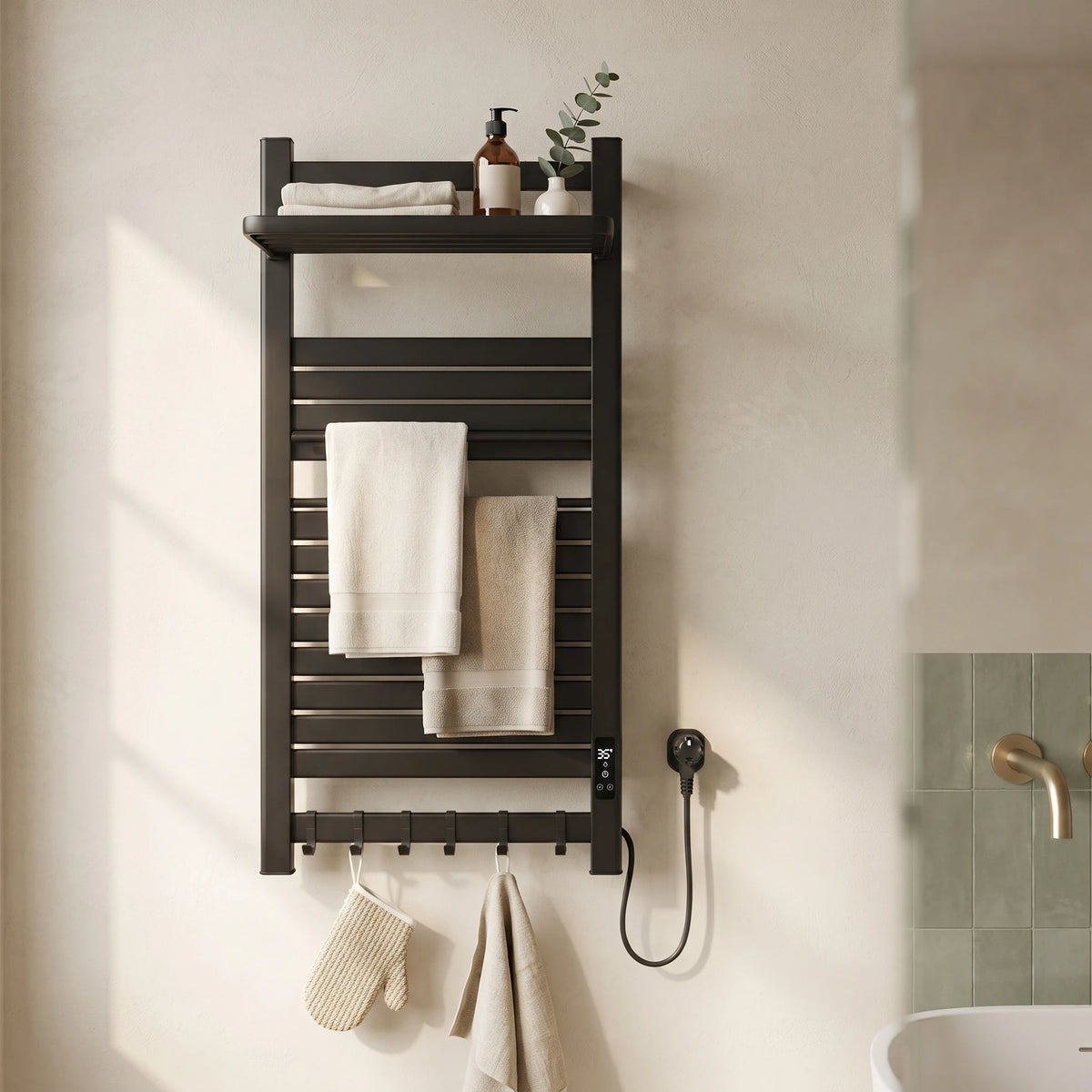 Bainelys ELYS – Sèche-Serviette Électrique Design avec Étagère Pliable
