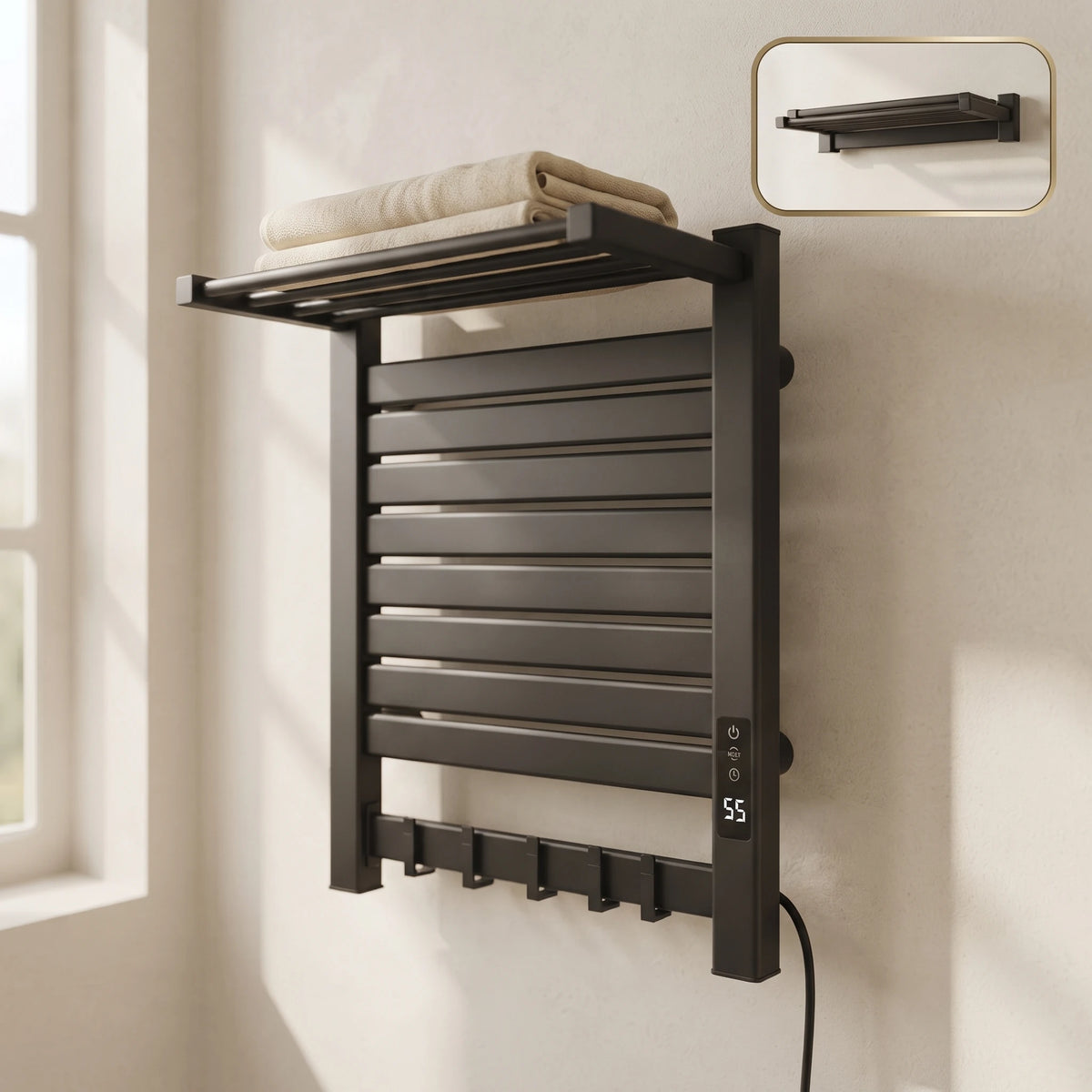 Bainelys ELYS – Sèche-Serviette Électrique Design avec Étagère Pliable