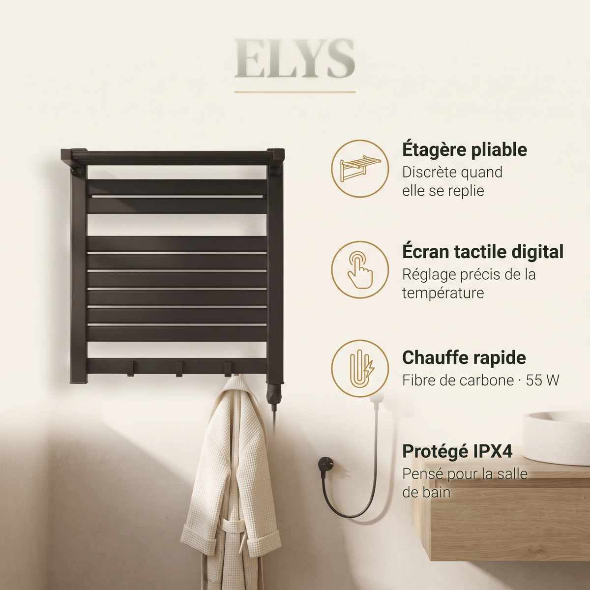 Bainelys ELYS – Sèche-Serviette Électrique Design avec Étagère Pliable