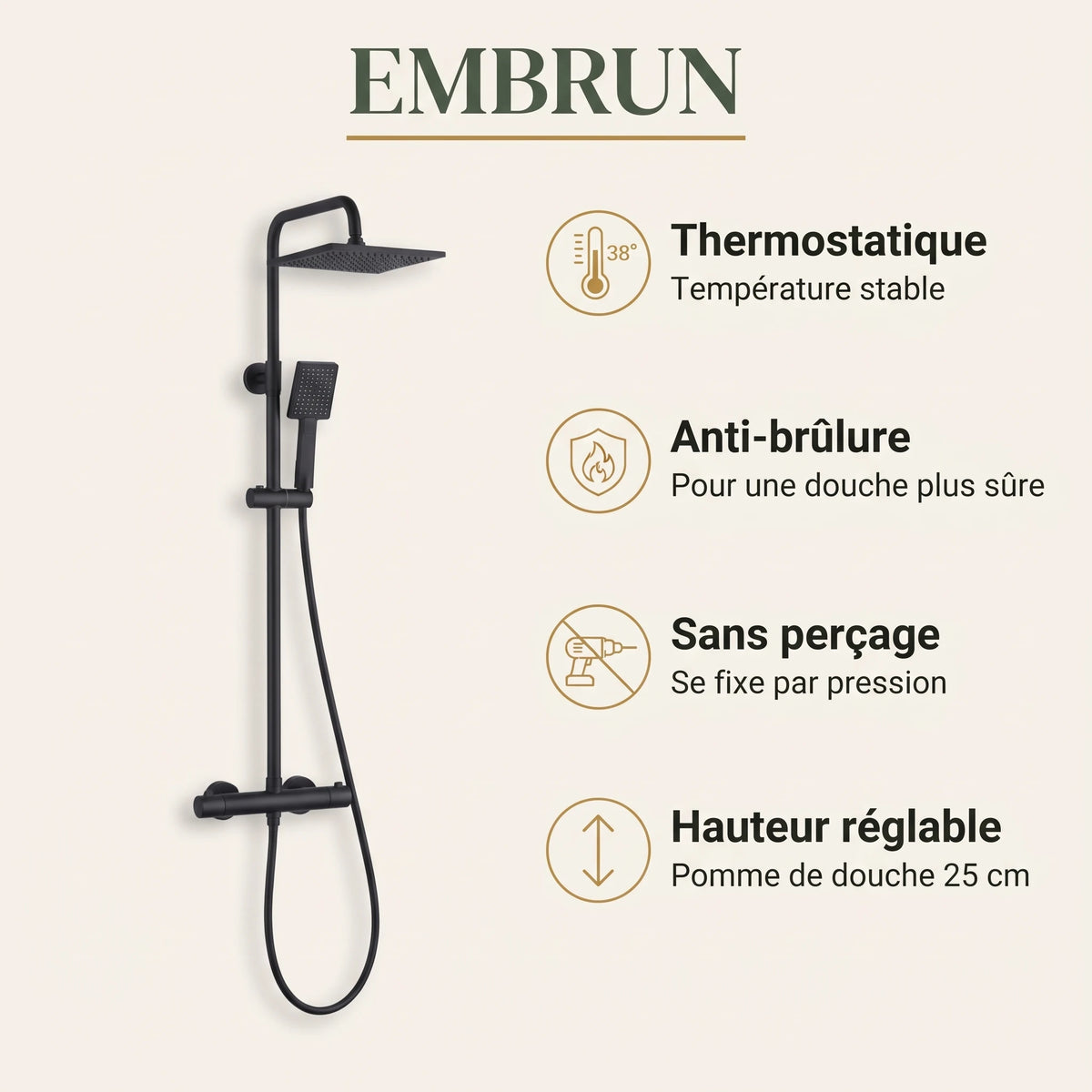 Bainelys EMBRUN – Colonne de Douche Thermostatique Sans Perçage