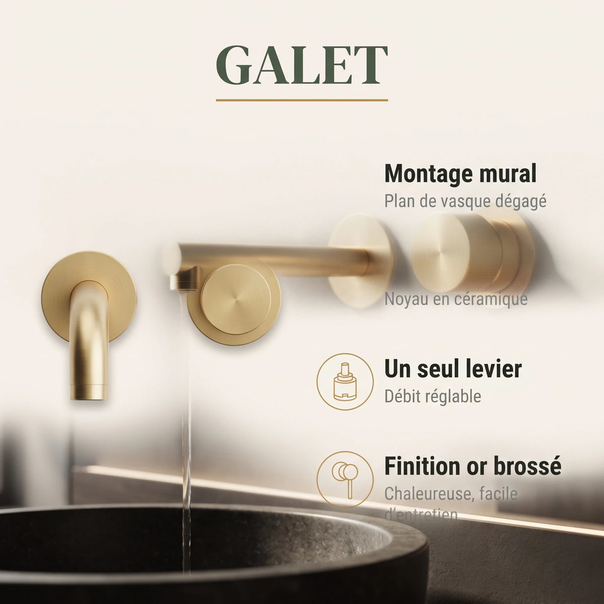 Bainelys GALET – Mitigeur Mural Laiton Doré Brossé