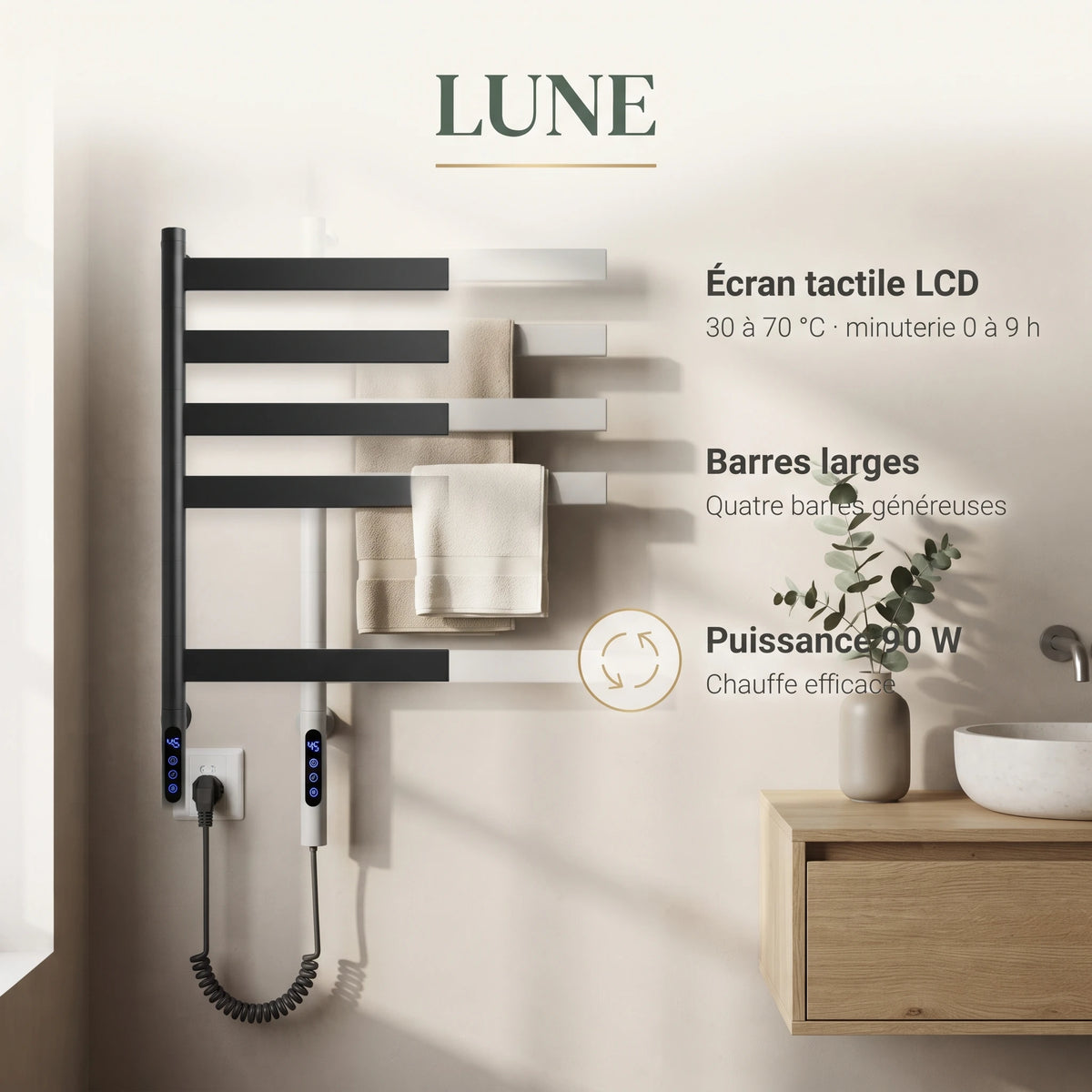 Bainelys LUNE – Sèche-Serviette Électrique 4 Barres Premium