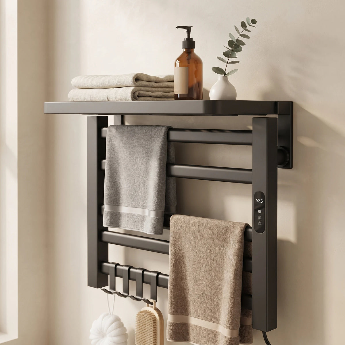 Bainelys OMBRE – Sèche-Serviette Électrique Noir avec Étagère