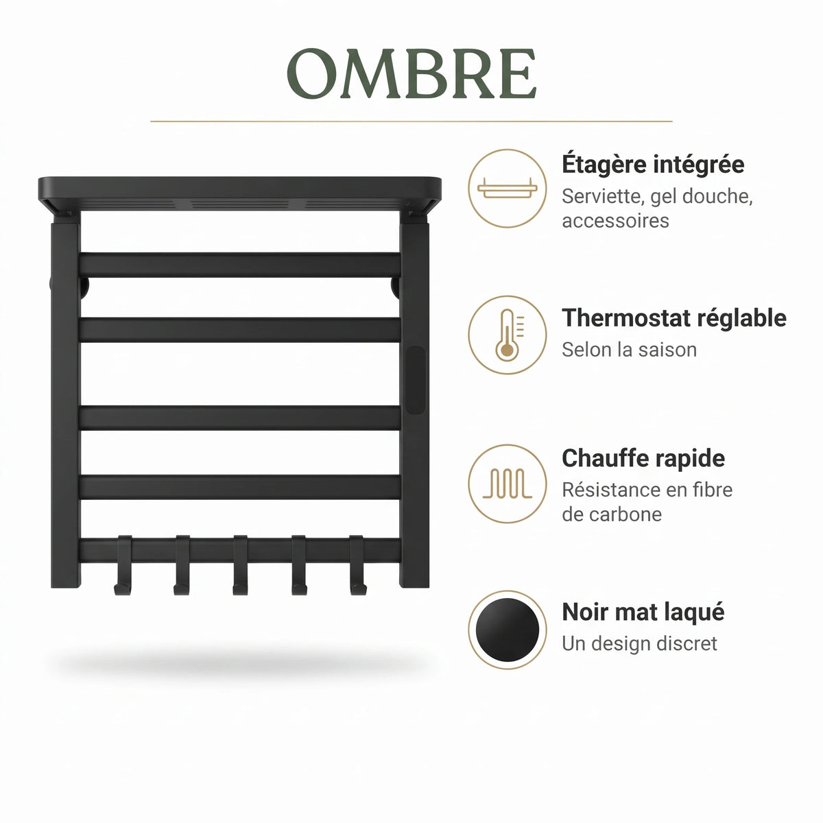 Bainelys OMBRE – Sèche-Serviette Électrique Noir avec Étagère