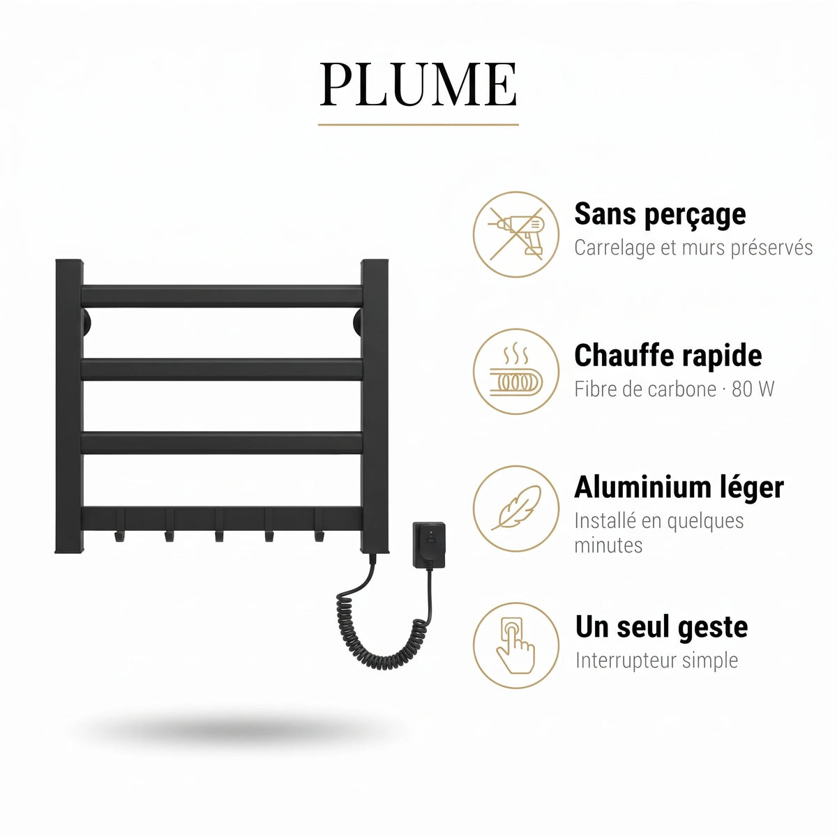Bainelys PLUME – Sèche-Serviette Électrique Sans Perçage