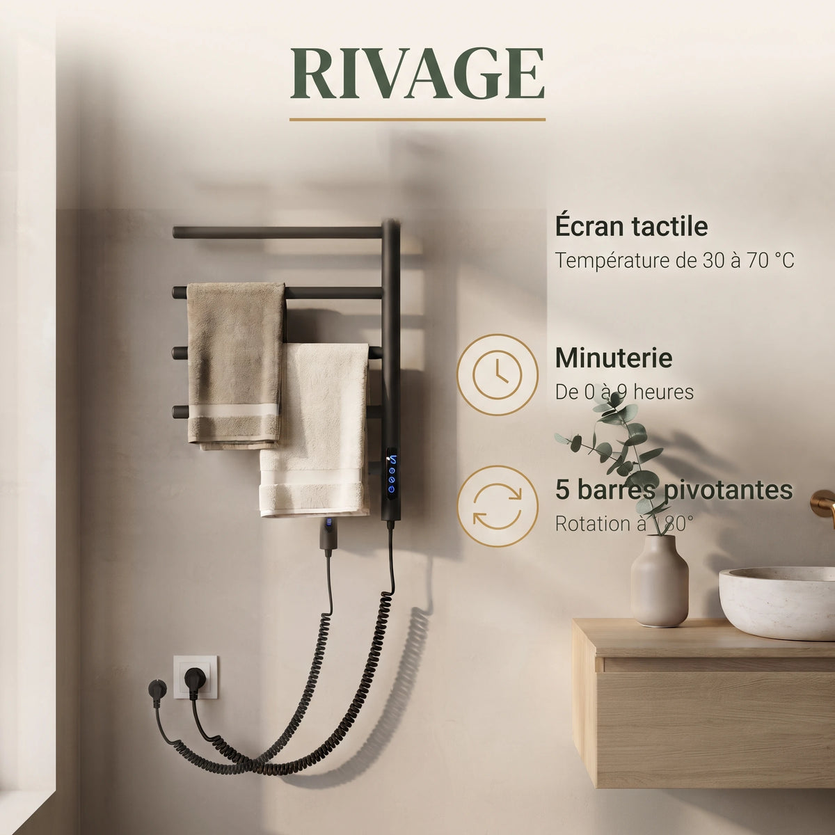 Bainelys RIVAGE – Sèche-Serviette Électrique 5 Barres