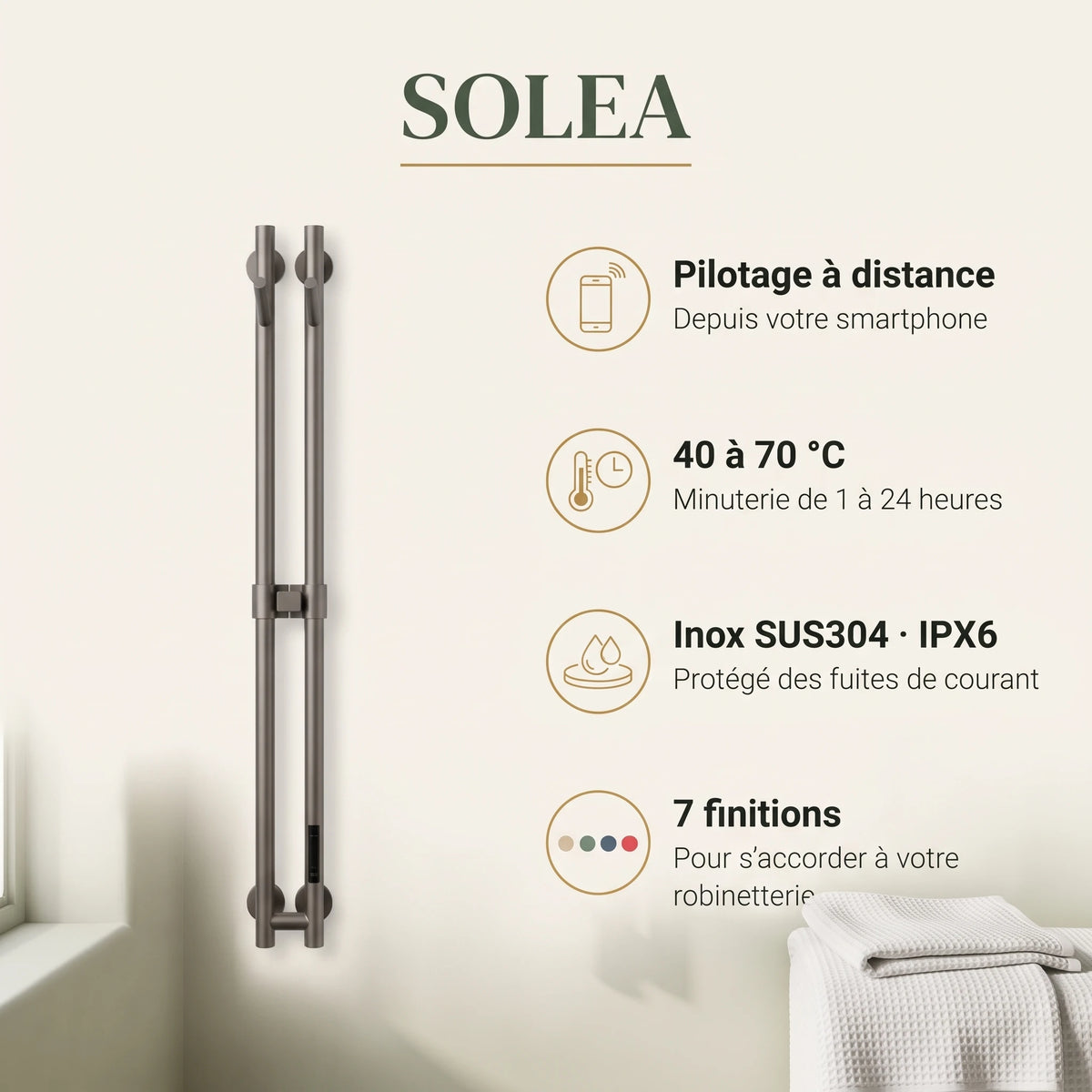 Bainelys SOLEA – Sèche-Serviette Électrique Vertical Double Barre Connecté 1,2m